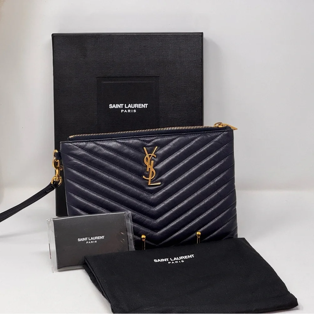 💯Authentic YSL Navy Blue Cassandra Chevron  Wristlet - Picture 11 of 12